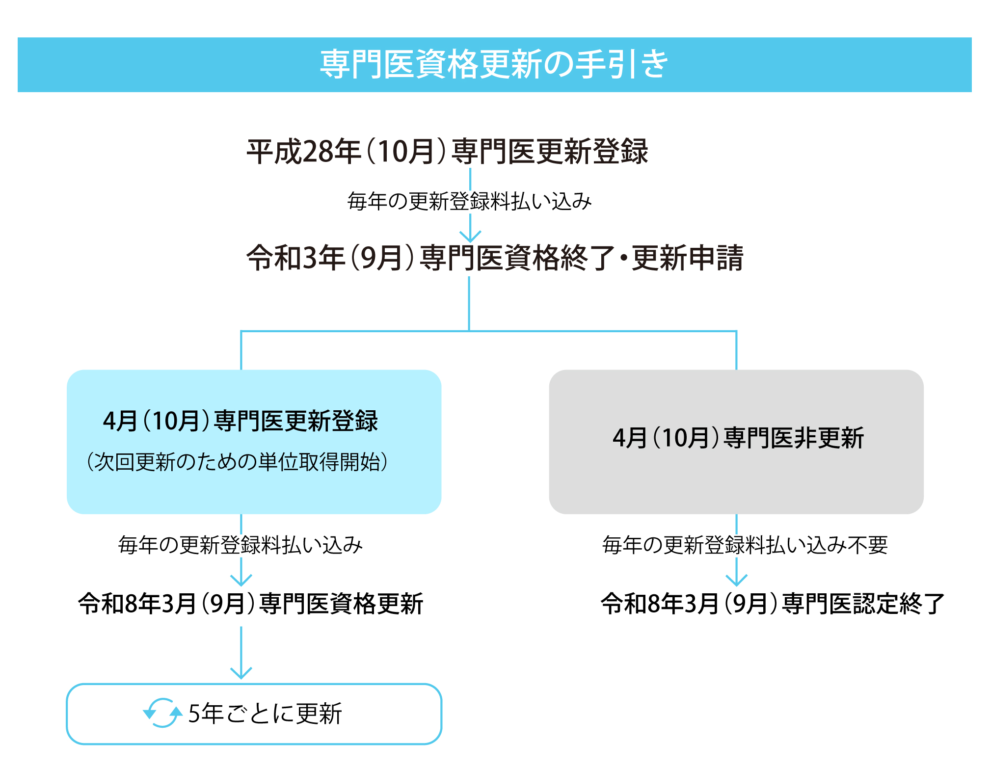 ステップ1：平成26年4月（10月）専門医更新登録　ステップ1-2：毎年の更新登録料払い込み　ステップ2：平成31年3月（9月）専門医資格終了・更新申請　ステップ3-Aその1：4月（10月）専門医更新登録（次回更新のため単位取得開始）　ステップ3-Aその1-2：毎年の更新登録料払い込み　ステップ3-Aその2：平成36年3月（9月）専門医資格更新　ステップ3-Aその3：5年ごとに更新　ステップ3-Bその1：4月（10月）専門医非更新　ステップ3-Bその1-2：毎年の更新登録料払い込み不要　ステップ3-Bその2：平成36年3月（9月）専門医認定終了